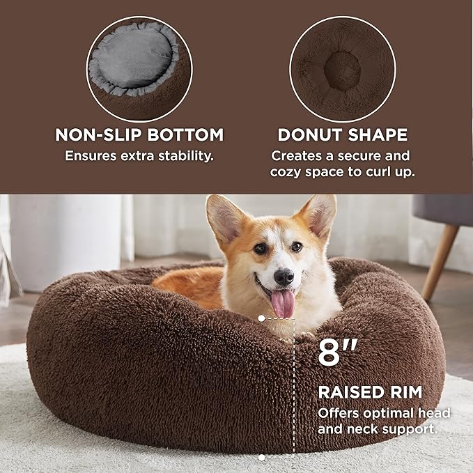 Bedsure Calming Dog Bed for Medium Dogs - Donut Washable Medium Pet Bed, 30 inches Anti-Slip Round Fluffy Plush Faux Fur Cat Bed, Fits up to 45 lbs Pets, Coffee