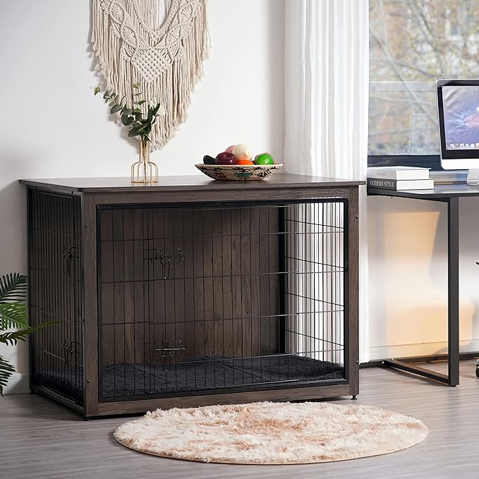 DWANTON Dog Crate Furniture with Cushion, XL Wooden Dog Crate with Double Doors, Large Dog Crate Furniture, Dog Kennel Indoor, End Table, Extra Large, 43.3" L, Dark Grey