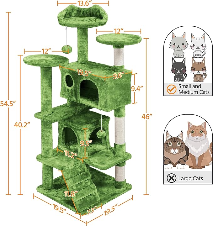 Yaheetech 54in Cat Tree, Cat Tower with Large Cat Condo Sisal Scratching Posts and Dangling Balls, Cat Furniture for Pets Kitten, Green