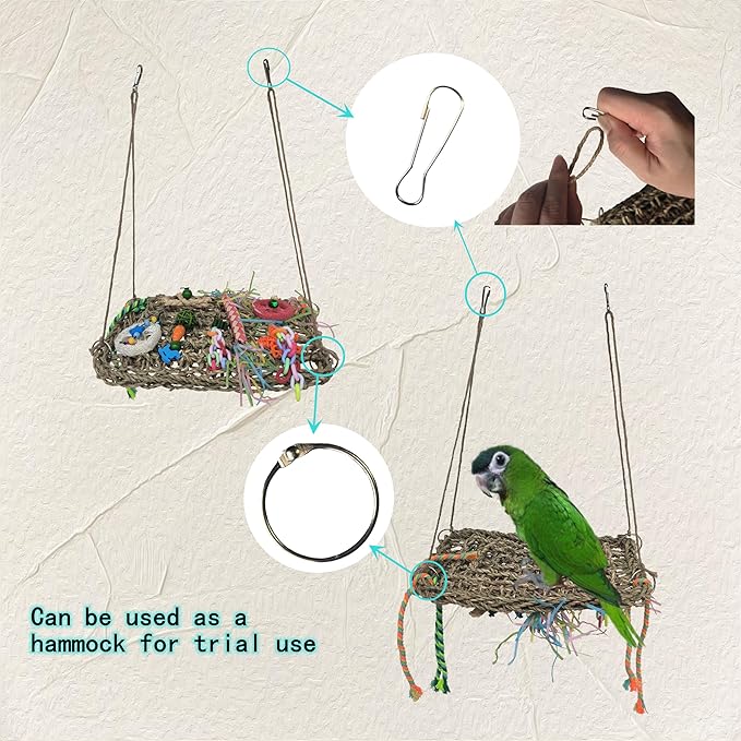 Bird Toys, Bird Foraging Toy, Parrot Toys, Eatable Seaweed Woven Hammock Toys for Parrots, Hanging Budgie Toys with Chewing Toys, Climbing Mat for Lovebirds, Finch, Parakeets Medium/Small Birds