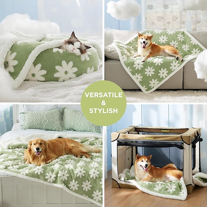 Lesure Waterproof Dog Blanket for Large Dogs - Washable Double Sided Dog Blankets with Warm Jacquard Shag and Soft Sherpa Fleece, Pet Cat blanket for Queen Bed Protection, 3D Textured Flower, Green