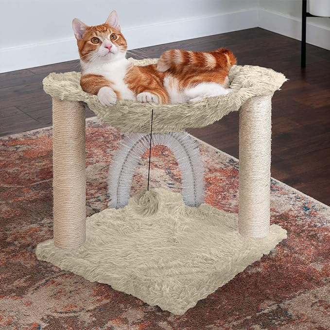 Furhaven 15.75" Tall Playground for Indoor Cats, Ft. Sisal Scratching Posts, Self-Grooming Brush, & Toy - Tiger Tough Hammock Interactive Playground - Cream, One Size