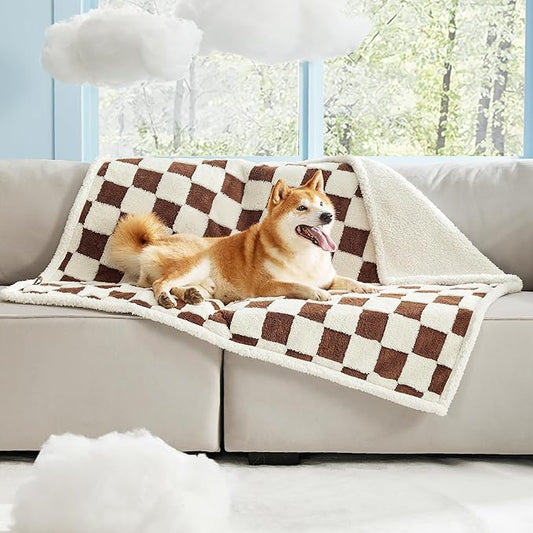 Lesure Waterproof Dog Blanket for Large Dogs - Washable Double Sided Dog Blankets with Warm Jacquard Shag and Soft Sherpa Fleece, Pet Cat blanket for Couch Protection, 3D Textured Checks, Brown