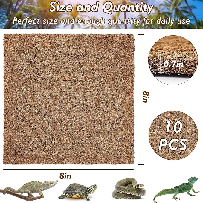 ZeeDix 10 Pieces Coconut Fiber Reptile Substrate Mat, 8 x 8 inches Natural Coco Coir Mat Turtle Bedding Tortoise Carpet Reptile Terrarium Liner for Lizard Snake Turtle Gecko Bearded Dragon