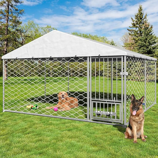 10x10 Dog Kennel Outdoor, Large Outdoor Dog Kennel with Roof, Dog Kennel Outside with Rotating Feeder Bowls, Covered Dog Outdoor Kennel for Large Medium Small Dogs