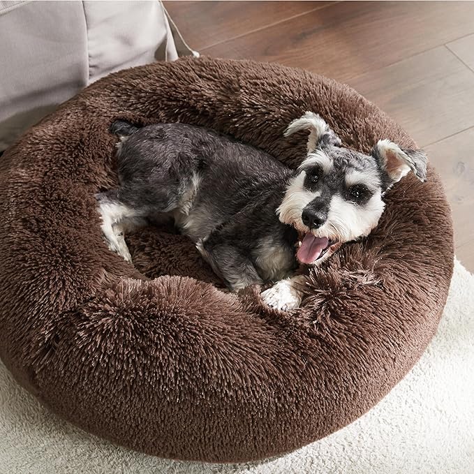 Bedsure Calming Dog Bed for Small Dogs - Donut Washable Small Pet Bed, 23 inches Anti-Slip Round Fluffy Plush Faux Fur Large Cat Bed, Fits up to 25 lbs Pets, Coffee