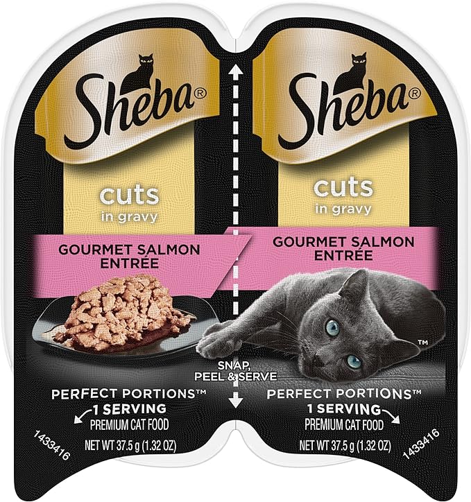 SHEBA PERFECT PORTIONS Cuts in Gravy Adult Wet Cat Food Trays (24 Count, 48 Servings), Gourmet Salmon Entrée, Easy Peel Twin-Pack Trays