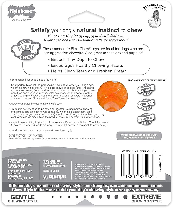 Nylabone Moderate Chew FlexiChew Bone Peanut Butter & Bacon XX-Small/Tiny (2 Count)