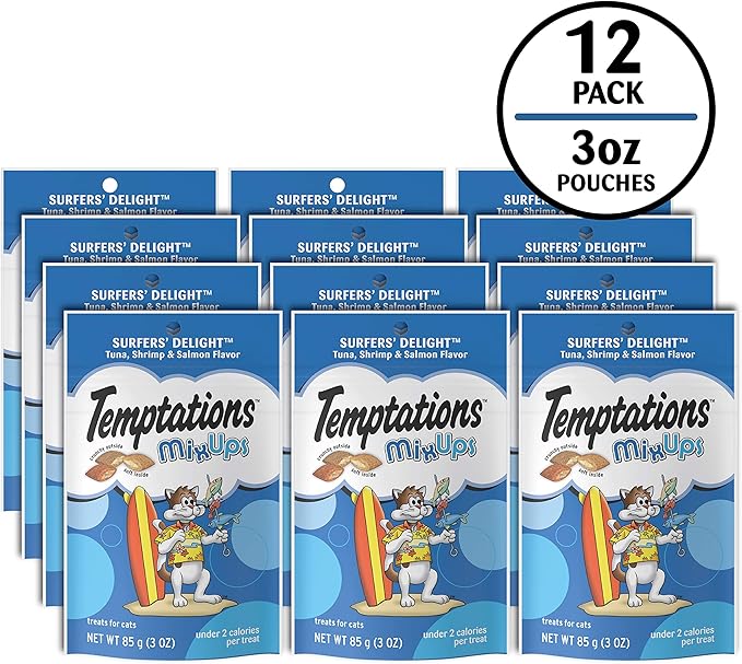 TEMPTATIONS MIXUPS Crunchy and Soft Cat Treats SURFERS' DELIGHT Flavor, (12) 3 oz. Pouches