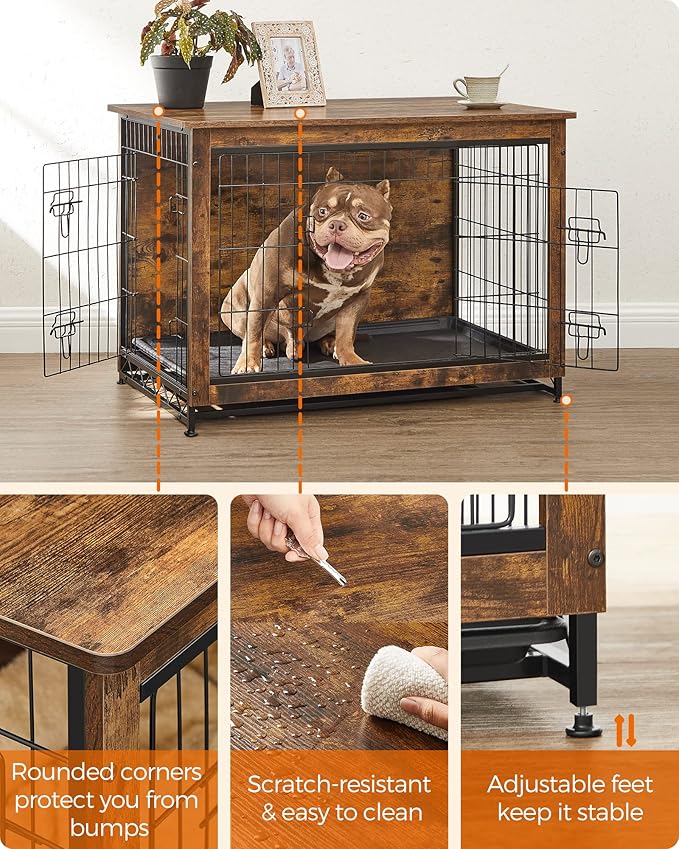 Feandrea Dog Crate Furniture, Side End Table, Modern Kennel for Dogs Indoor up to 70 lb, Heavy-Duty Dog Cage with Multi-Purpose Removable Tray, Double-Door Dog House, Rustic Brown UPFC003X01