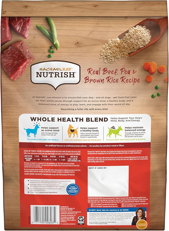 Rachael Ray Nutrish Premium Natural Dry Dog Food with Added Vitamins, Minerals & Taurine, Real Beef, Pea, & Brown Rice Recipe, 6 Pounds (Packaging May Vary)