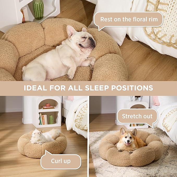 Lesure Calming Small Dog Bed - Flower Donut Round Fluffy Puppy Bed in Plush Teddy Sherpa, Non-Slip Cute Flower Cat Beds for Indoor Cats, Small Pet Bed Fits up to 25 lbs, Machine Washable, Camel 23"