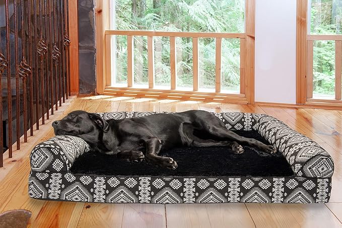Furhaven Orthopedic Dog Bed for Large Dogs w/ Removable Bolsters & Washable Cover, For Dogs Up to 125 lbs - Plush & Southwest Kilim Woven Decor Sofa - Black Medallion, Jumbo Plus/XXL