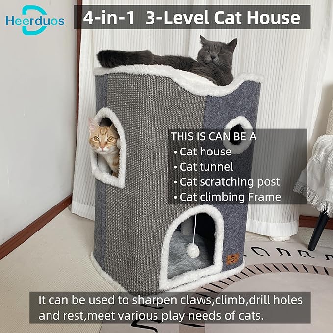 3-Level Cat House for Indoor Cats,Covered Cat Beds and Furniture with Scratch Pad,Hideaway Cave &cushions,Modern Cat Tower Condo for Multi Small Pet and Large Cats