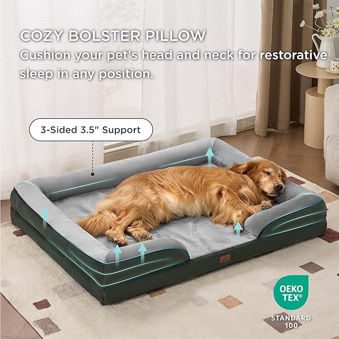 Bedsure XXL Orthopedic Dog Bed - Washable Great Dane Dog Sofa Beds for Giant Dogs, Supportive Foam Pet Couch Bed with Removable Washable Cover, Waterproof Lining and Nonskid Bottom, Dark Green