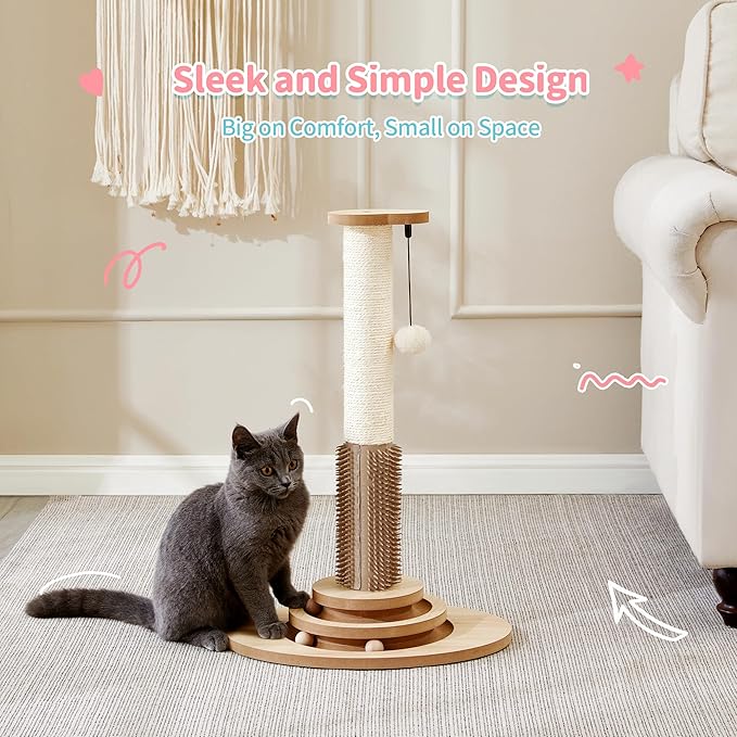 Made4Pets Cat Scratching Post, 23" Tall Sisal Scratcher Post with Cat Self Groomer, 4-in-1 Interactive Trackball Toys with Cat Hair Brush, Vertical Cat Climbing Tree with Dangling Plush Balls