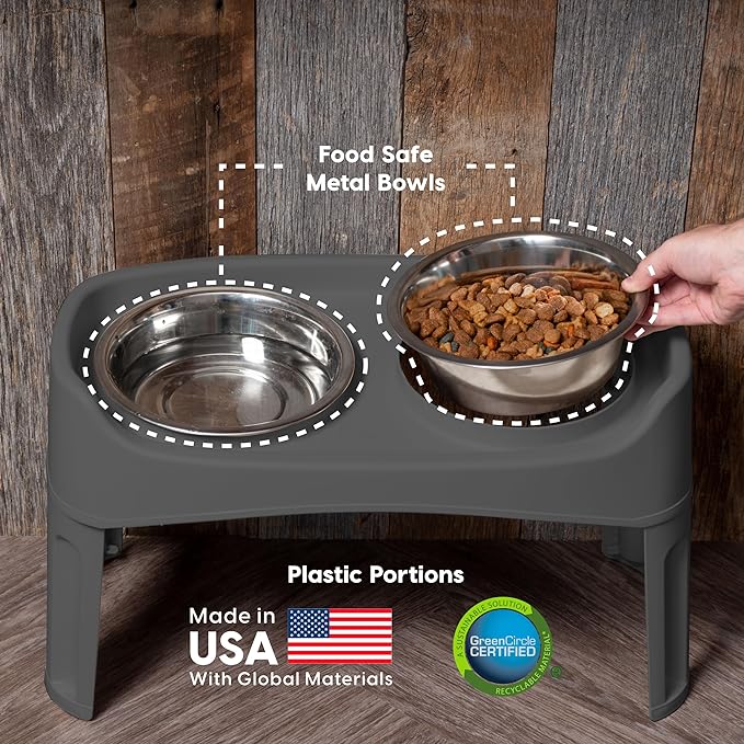 IRIS USA Elevated Dog Bowls, Adjustable Height, 2 Thick 64 oz Stainless Steel Bowls, Spill-Proof with Raised Outer Rim, Durable Made in USA Plastic, Easy Assemble, 2 Heights 4.63" or 12.25" Dark Gray