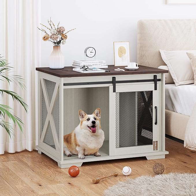 Furniture Style Dog Crate End Table with Sliding Barn Door, Indoor Dog Kennel Furniture with Removable Divider, Flip Top Dog Crate Table, Dog House,Dog Crate Furniture, White