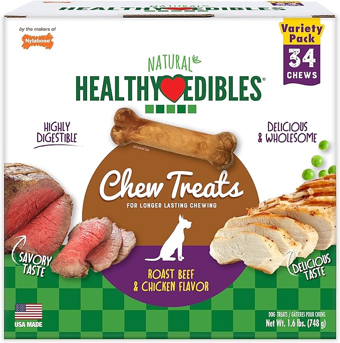 Nylabone Healthy Edibles Natural Dog Chews Long Lasting Chew Treats for Dogs, Roast Beef & Chicken Flavor, X-Small/Petite (34 Count)