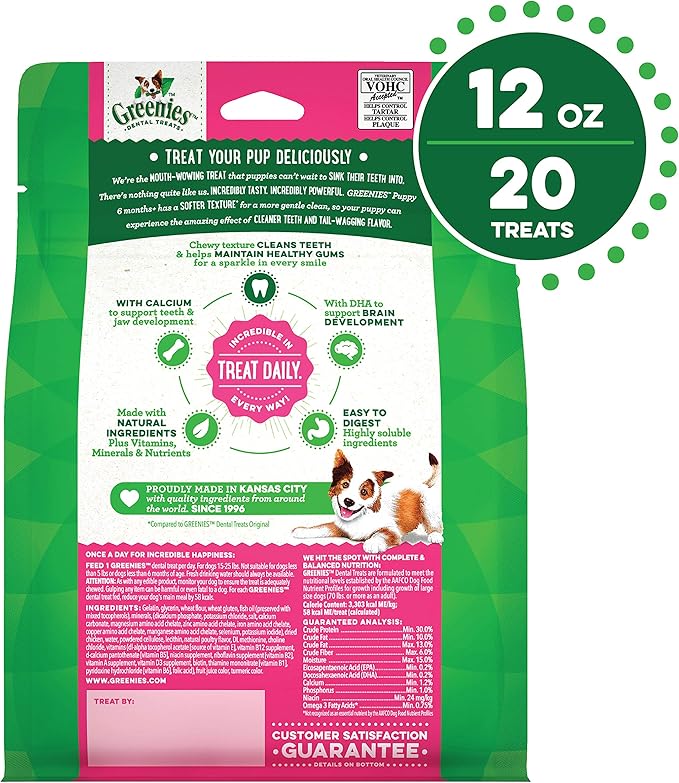Greenies Puppy 6+ Months TEENIE Natural Dental Care Dog Treats, 12 oz. Pack (20 Treats)