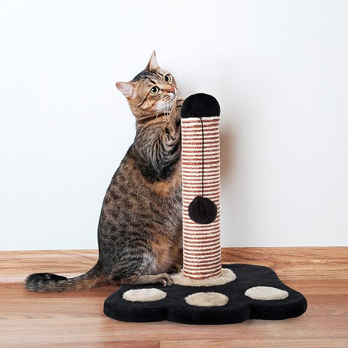 Cat Scratching Post ? Sisal Fabric and Carpet Small Cat Tree, Paw Shaped Base, Hanging Ball Toy for Adult Cats and Kittens by PETMAKER (Black/Tan)