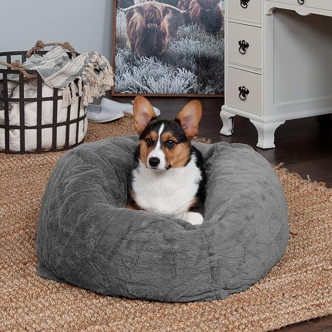 Furhaven Soft & Cozy Dog Bed for Medium/Small Dogs, Refillable w/ Removable Washable Cover & Liner, For Dogs Up to 35 lbs - Plush Faux Fur Bean Bag Style Ball Bed - Gray Mist, Medium