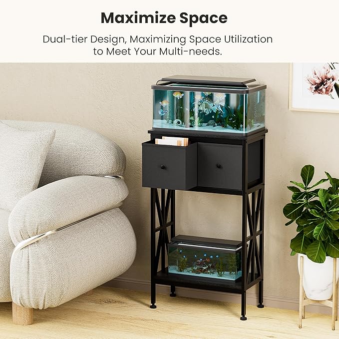 5-10 Gallon Fish Tank Stand, Heavy Duty Aquarium Stand with Dual-Tiered Cabinet, Accessory Storage Solution for Viewing Experience in Home & Office (20.47" L* 11.02" W)