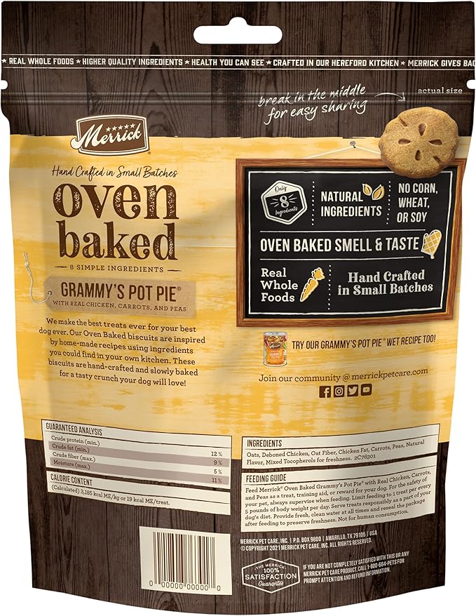 Merrick Oven Baked Natural And Crunchy Bag Of Treats, Dog Chicken Treats, Grammy’s Pot Pie With Real Chicken - 11 oz. Bag