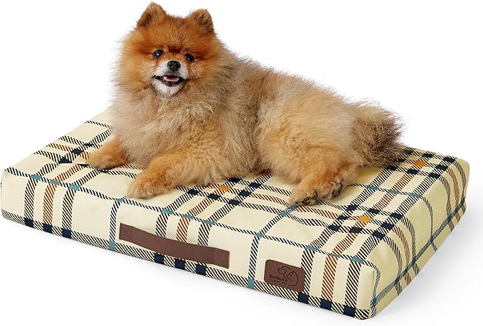 Bedsure Small Patterned Dog Bed for Small Dogs, Outdoor Waterproof Orthopedic Egg Foam Dog Bed Comfort Pet Mats for Crate with Removable Washable Cover(24"x16", Cream)