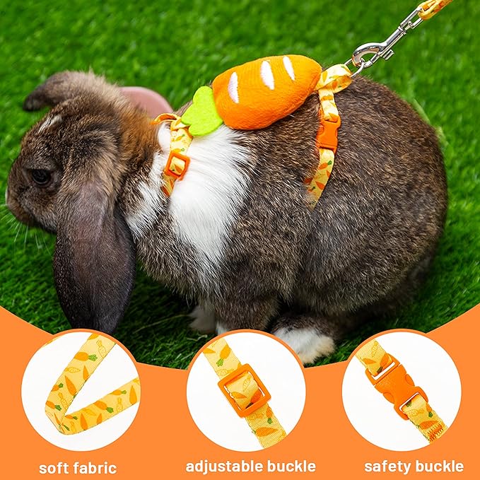 Rabbit Harness and Leash - Adjustable Bunny Harness Escape Proof for Walking Runnig Hiking Camping Outdoor - Yellow Carrot Pattern Cute Small Animal Harness Leash Set