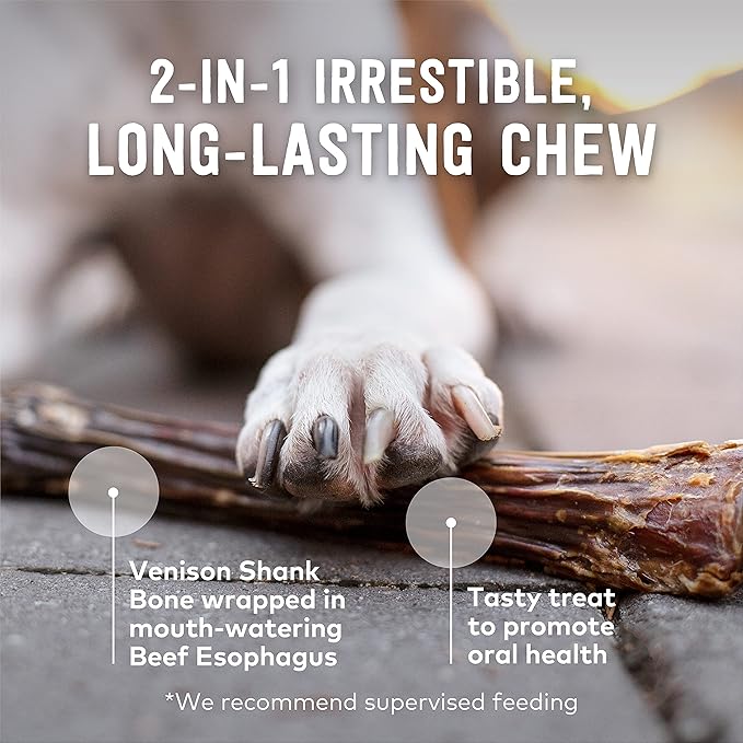 ZIWI Venison Deer Shank – Dog Bone Chew – All Natural, Air-Dried, 2 in 1 Bone Treat Wrapped in Beef Esophagus (Half Shank)