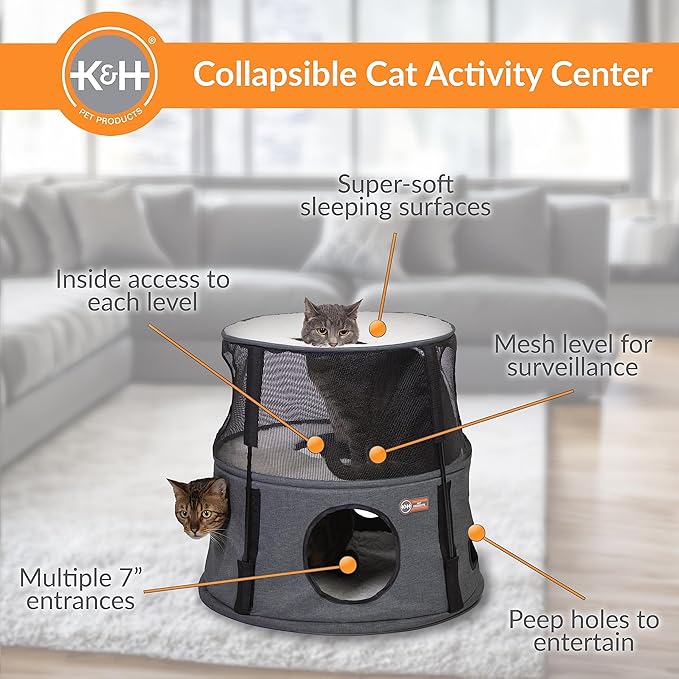 K&H Pet Products Cat Tower Tree Condo for Indoor Cats, Modern Cute Cat Hammock Bed, Kitten & Adult House Activity Center Playground Tree Cave Large Cozy Hideaway - 2 Level Gray 22 X 20