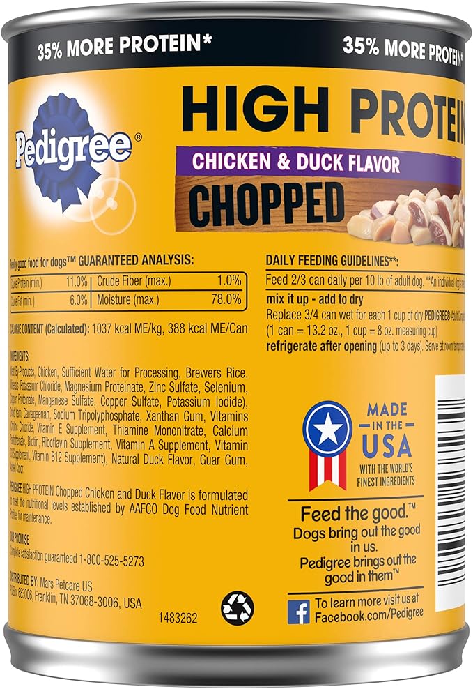 PEDIGREE High Protein Adult Canned Soft Wet Dog Food, Chopped Chicken & Duck Flavor, (12) 13.2 oz. Cans