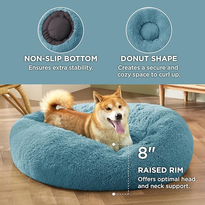 Bedsure Calming Dog Bed for Medium Dogs - Donut Washable Medium Pet Bed, 30 inches Anti-Slip Round Fluffy Plush Faux Fur Cat Bed, Fits up to 45 lbs Pets, Washed Blue