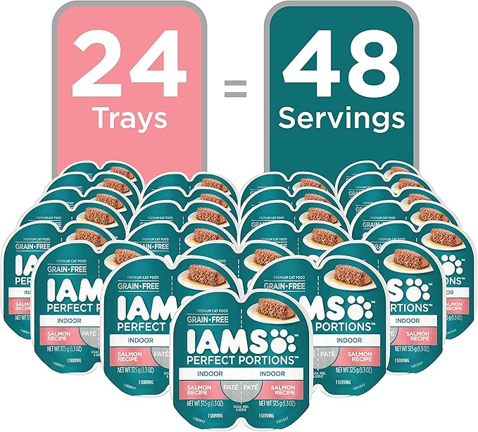 IAMS Perfect Portions Healthy Grain Free Wet Cat Food, Pate,Indoor Salmon,(24 Twin Packs)