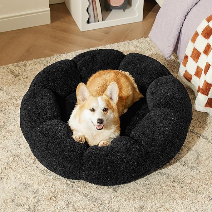 Lesure Calming Large Dog Bed - Flower Donut Round Fluffy Puppy Bed in Plush Teddy Sherpa, Non-Slip Cute Flower Dog Beds, Large Pet Bed Fits up to 100 lbs, Machine Washable, Black 36"