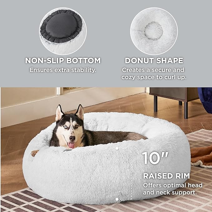 Bedsure Calming Dog Bed for Large Dogs - Donut Washable Large Pet Bed, 36 inches Anti Anxiety Round Fluffy Plush Faux Fur Dog Bed, Fits up to 100 lbs Pets, Frost Grey