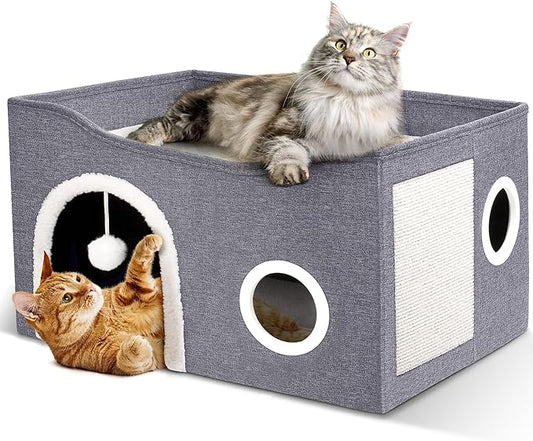 Heeyoo Cat House for Indoor Cats - Large Cat Bed Cave with Fluffy Ball and Scratch Pad, Foldable Cat Houses & Condos, Cat Cubes, Cat Hideaway, Covered Cat Bed for Multi Small Pet Large Kitty