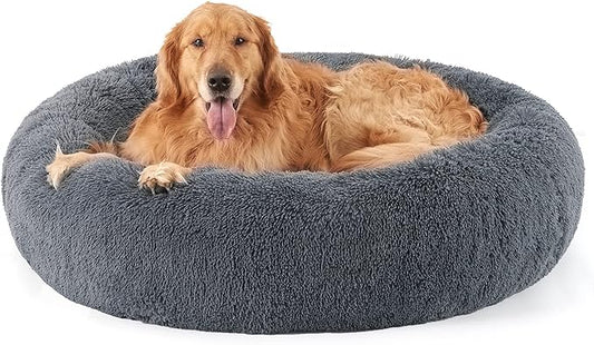 Bedsure Calming Dog Bed for Extra Large Dogs - Donut Washable Large Pet Bed, 45 inches Anti-Slip Round Fluffy Plush Faux Fur Dog Bed, Fits up to 125 lbs Pets, Grey