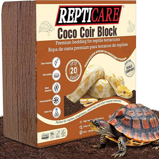 ReptiCare Organic Coconut Coir Compressed 10lb Block - Expands to 80 Quarts, Ideal Coconut Fiber Bedding for Ball Pythons, Bearded Dragons, Lizards, Tortoises, Hermit Crabs, and Bioactive Terrariums