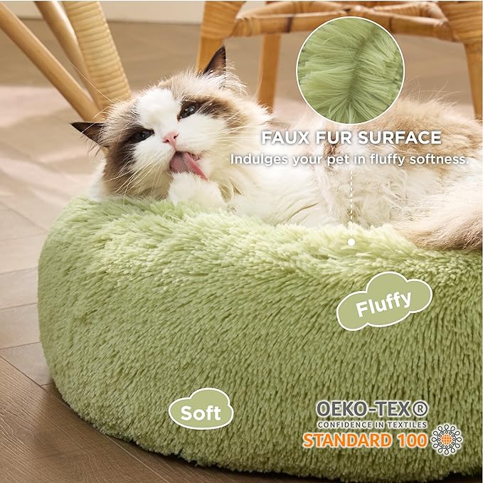 Bedsure Calming Cat Bed for Indoor Cats - Small Washable Round Cat Bed, Anti-Slip Fluffy Plush Faux Fur Pet Bed, Fits up to 15 lbs Pets, Green, 20 inches