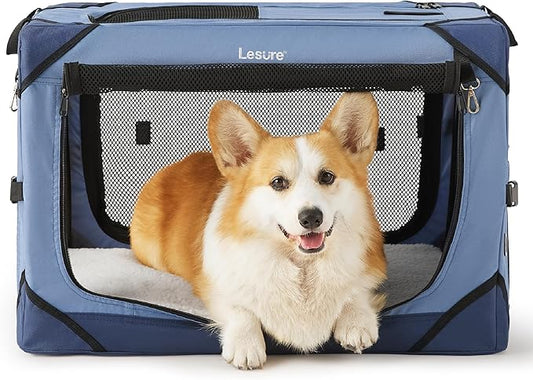 Lesure Collapsible Dog Crate - Portable Dog Travel Crate Kennel for Small Dog, 4-Door Pet Crate with Durable Mesh Windows, Indoor & Outdoor (Blue)