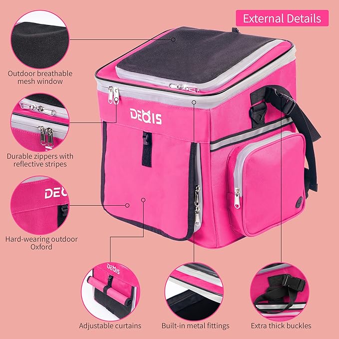 Dog Bike Basket, Dog Bike Carrier with Mesh Windows, Side storage pocket with poop bag dispenser, Reflective Tapes, Pet Backpack Carrier for Small Dogs Cats, Pink