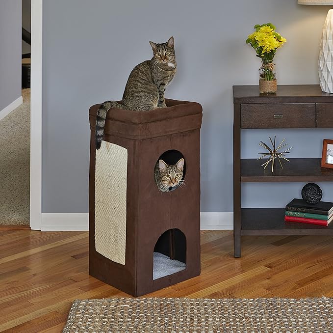 MidWest Homes for Pets Cat Condo | Tri-Level Design in Brown Faux Suede & Synthetic Sheepskin | 14.6L x 14.72W x 30.39H Inches