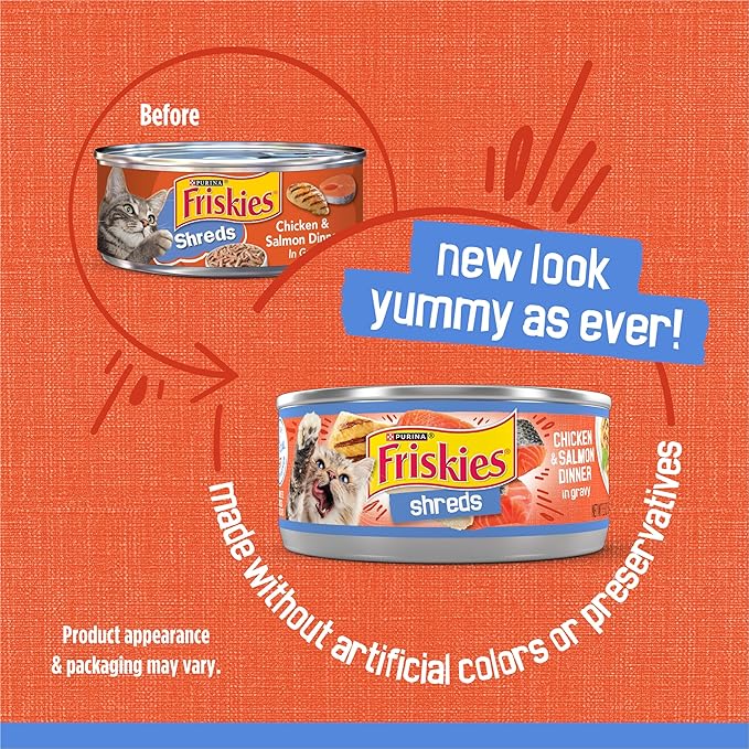 Purina Friskies Gravy Wet Cat Food, Shreds Chicken & Salmon Dinner in Gravy - (Pack of 24) 5.5 oz. Cans