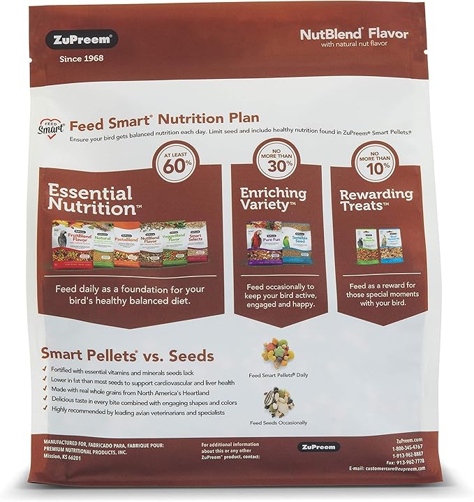 ZuPreem NutBlend Smart Pellets Bird Food for Medium Birds, 2 Pound Bag - Made in USA, Daily Nutrition, Essential Vitamins, Minerals for Cockatiels, Quakers, Lovebirds, Small Conures