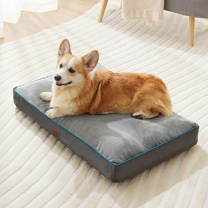 Bedsure Waterproof Dog Beds for Large Dogs - 4 inch Thicken Up to 80lbs L-Crate Dog Bed with Removable Washable Cover, Pet Bed Mat Pillows, Grey