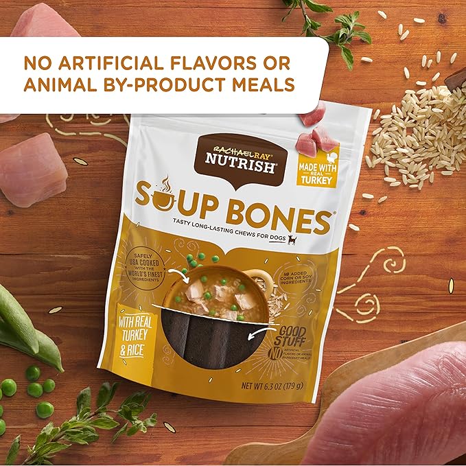 Rachael Ray Nutrish Soup Bones Dog Treats, Real Turkey & Rice Flavor, 3 Bones (Pack of 8)
