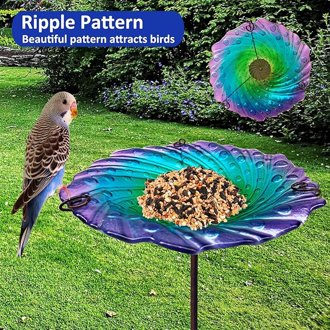 Bird Bath, Glass Bird Bath for Outside, Birdbaths for Outdoors Bird Feeders Bowl with Metal Stake, Water Flow Ripple Bird Baths Outdoor Décorations, Standing Small Birdbath Bowl for Outside-Colorful