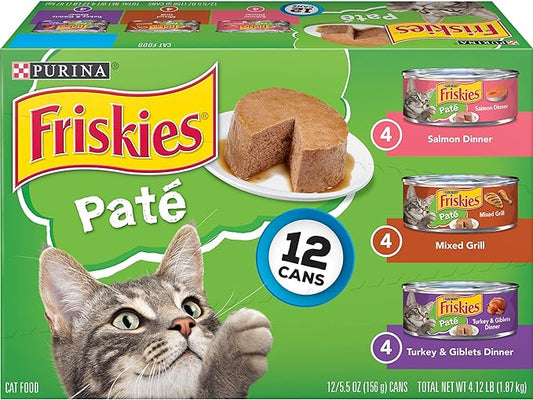 Purina Friskies Wet Cat Food Pate Variety Pack Salmon Dinner, Turkey and Giblets Dinner and Mixed Grill - 5.5 Ounce (Pack of 24)